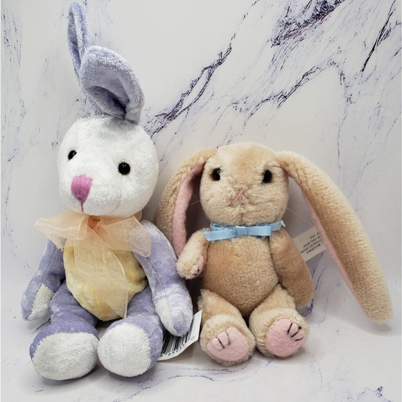 Bunny Rabbit Stuffed Animal Plush Lot of 2 Purple Brown Easter Spring - Picture 1 of 14